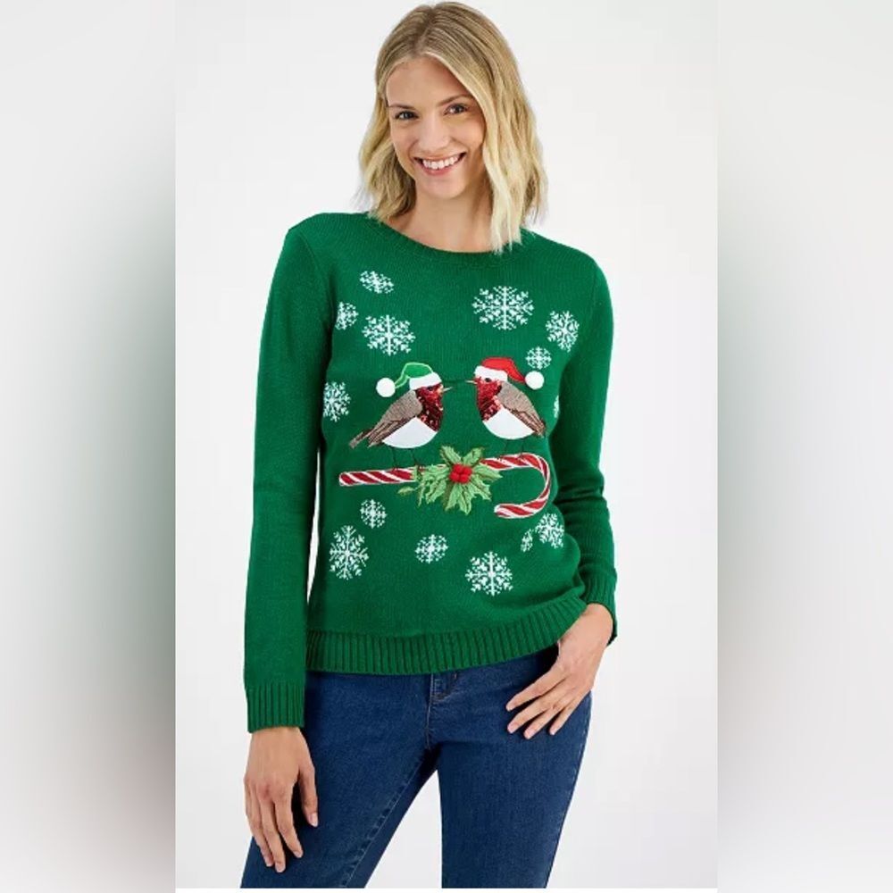 Holiday Lane Petite Merry Robins Embellished Sweater